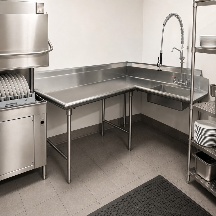 Product image #3 for Advance Tabco Korner Soil L-Shaped Dishtable with Pre-Rinse Sink, Left-Hand, 95-Inch, 16-Gauge 304 Stainless Steel