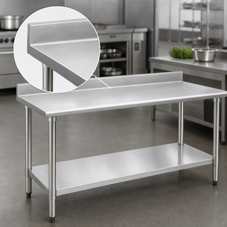 Product image #3 for Eagle Group Deluxe Series Stainless Steel Work Table with Rolled Edge Top, 4-1/2 Inch Backsplash, and Adjustable Undershelf
