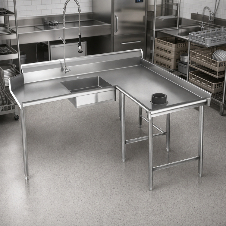 Product image #3 for Spec-Master Island Soiled Dishtable, 84-Inch Right-Hand, 14/304 Stainless Steel, 8-Inch Backsplash, 20 x 20 x 5 Pre-Rinse Sink