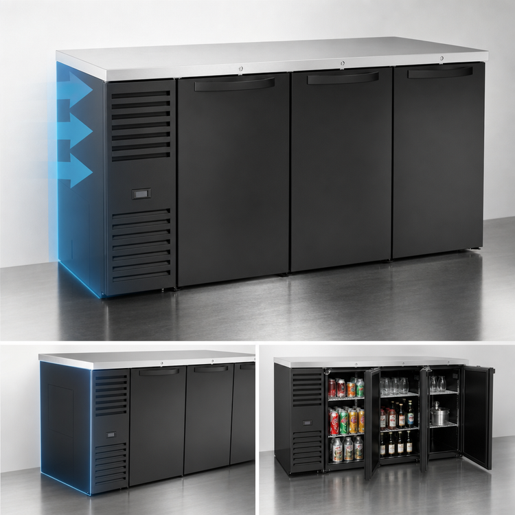 Product image #3 for True Premier Bar 84-Inch Three-Section Refrigerated Back Bar Cooler with Side-Mounted Self-Contained Refrigeration and Solid Locking Doors