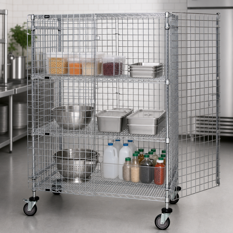 Product image #3 for Quantum Mobile Wire Security Cage with 2 Intermediate Shelves, 48W x 24D x 69H, Chrome Plated
