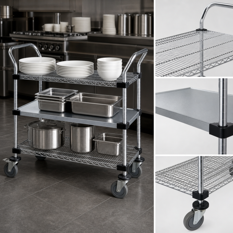 Product image #3 for Quantum 304 Stainless Steel Utility Cart with 2 Wire Shelves and 1 Solid Shelf, 48 x 24 x 37-1/2 Inches