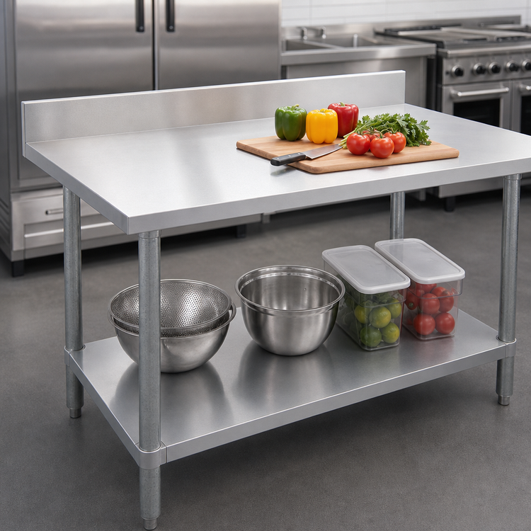 Product image #3 for Omcan Standard Series 48-Inch x 30-Inch Stainless Steel Work Table with 4-Inch Backsplash and Galvanized Undershelf