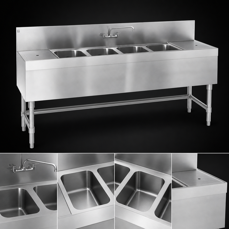 Product image #3 for Eagle Group Spec-Bar Four-Compartment Underbar Sink with Left & Right Drainboards, 96" W x 24" D