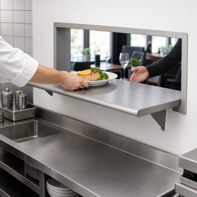 Product image #3 for BK Resources 24 x 24 Inch Stainless Steel Pass Through Shelf, 8 Inch Max Wall Thickness