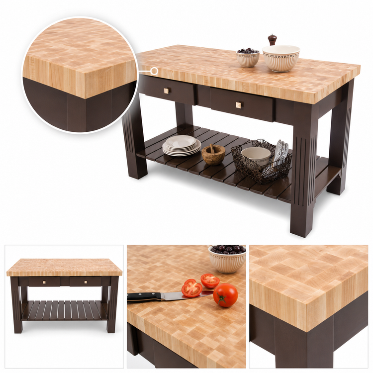 Product image #3 for John Boos Grazzi End Grain Butcher Block Work Table with Slatted Shelf and Drawers, 60 x 28 x 35 Inches