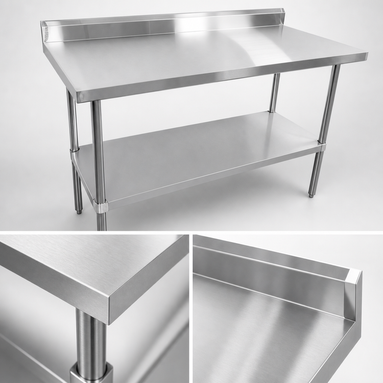 Product image #3 for Sapphire 60 Inch x 24 Inch Stainless Steel Work Table with Beveled Square Edge, 5 Inch Backsplash, and Undershelf