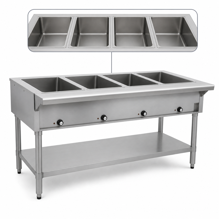 Product image #3 for Eagle SDHT4-240 Electric Stationary Open-Base Hot Food Table with 4 Dry Wells, Stainless Steel, 240V
