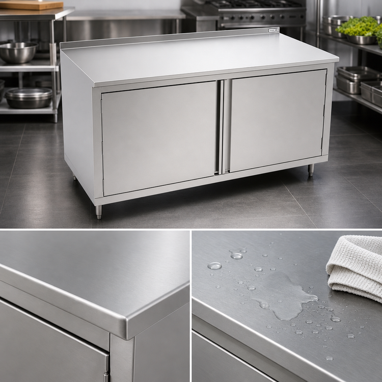 Product image #3 for John Boos Enclosed Cabinet Base Work Table with Hinged Doors, 48 Inch W x 24 Inch D, 14-Gauge 300-Series Stainless Steel Top
