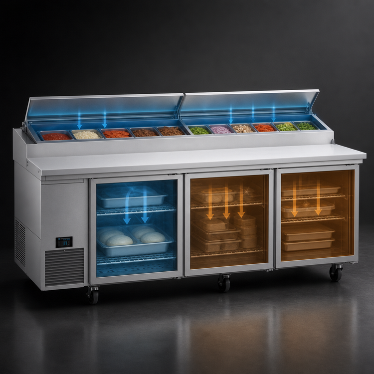 Product image #3 for Hoshizaki Steelheart PR93B 93-Inch Three-Section Reach-In Pizza Prep Table