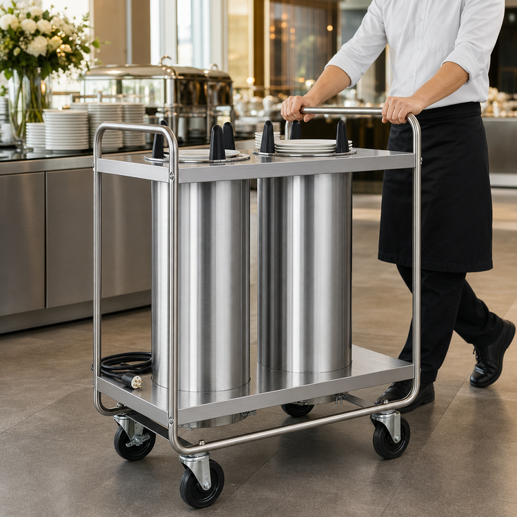 Product image #3 for Dinex Mobile Unheated Stainless Steel Plate Dispenser with 2 Self-Elevating Tubes