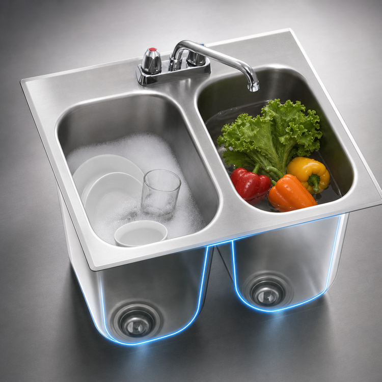 Product image #3 for Eagle Group Two-Compartment Self-Rimming Drop-In Stainless Steel Sink with 16 x 20 x 13-1/2 Inch Bowls