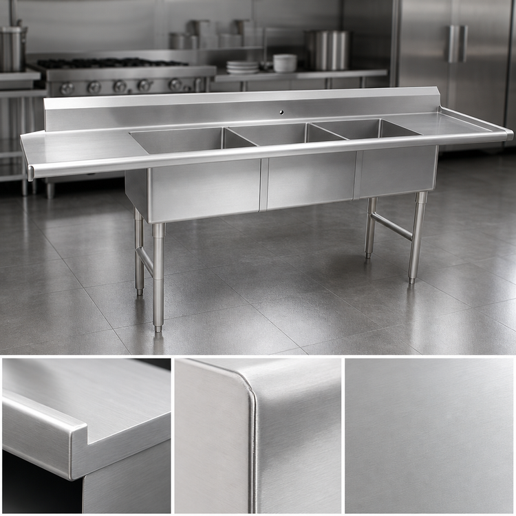 Product image #3 for Steel Works Stainless 3-Compartment Straight Soiled Dishtable with Right Drainboard, 90 Inch