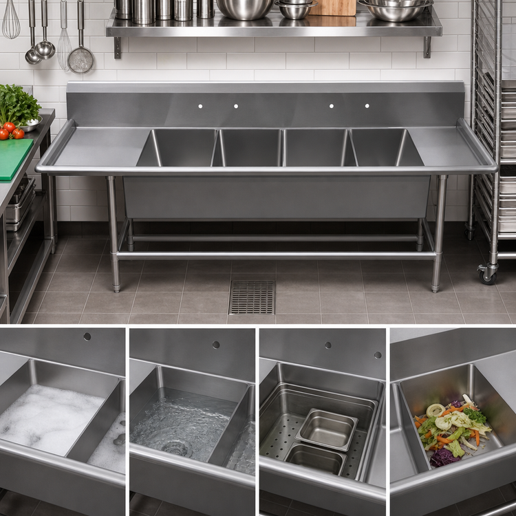 Product image #3 for John Boos Pro-Bowl 4-Compartment Stainless Steel Sink with Left and Right Drainboards