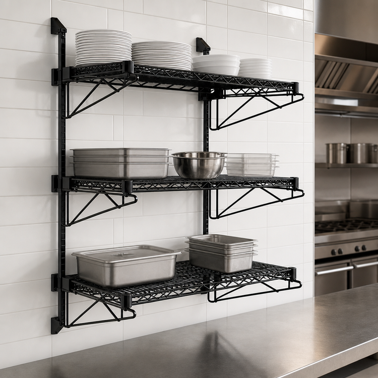 Product image #3 for Quantum Wall-Mounted Cantilever Wire Shelving Starter Unit with 54-Inch Posts, Black Epoxy Antimicrobial Finish