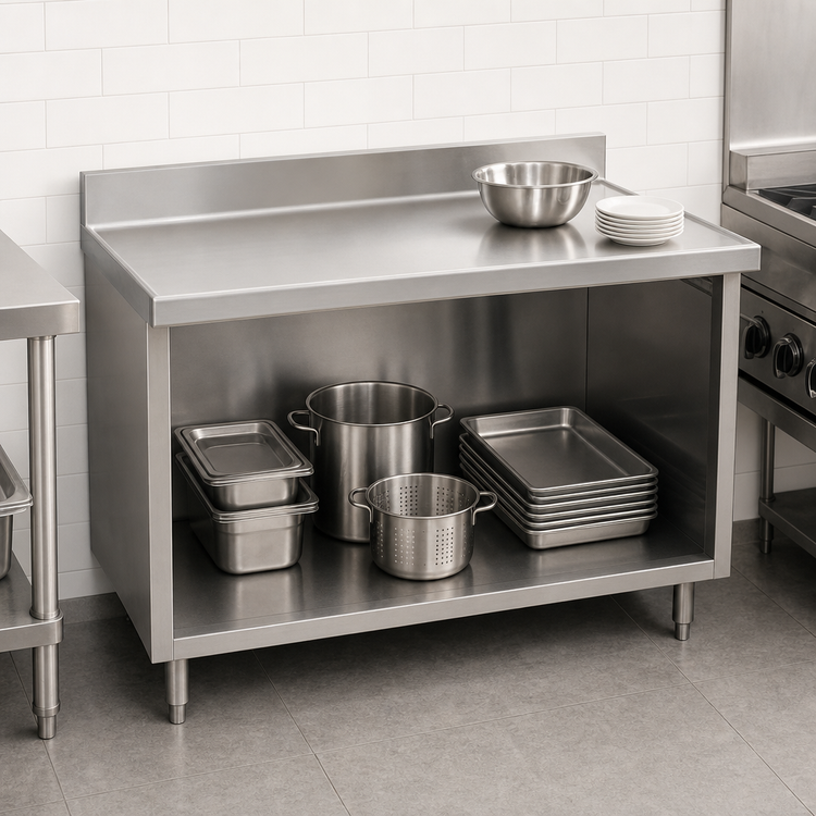 Product image #3 for Eagle Group Spec-Master Marine Series Stainless Steel Work Table with Cabinet Base and Open Front, 96 x 24 Inch, 4-1/2 Inch Backsplash