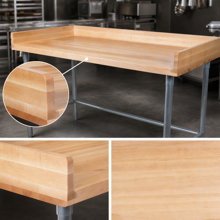 Product image #3 for John Boos 108 Inch x 24 Inch Bakers' Table with 1-3/4 Inch Maple Top, 4-Inch Coved Riser, and Galvanized Base