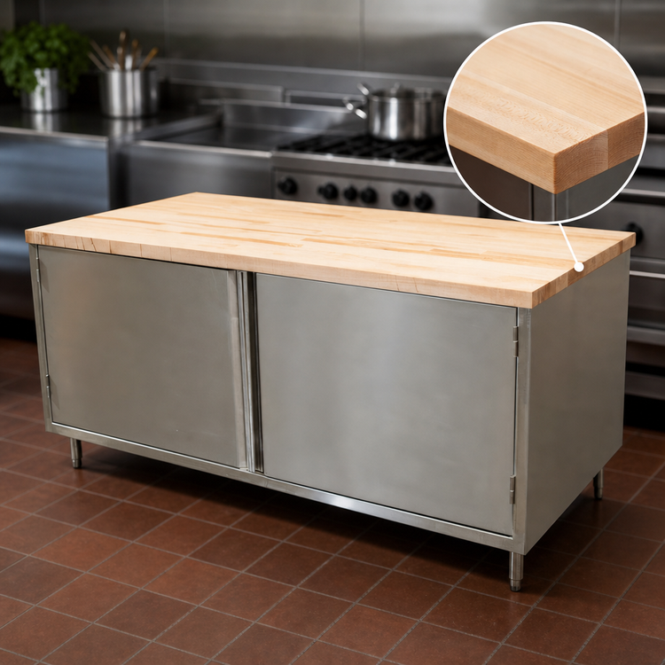 Product image #3 for BK Resources Hard Maple Top Chef Table with Stainless Steel Cabinet Base and Hinged Doors, 72 x 36 x 34-3/4 Inches