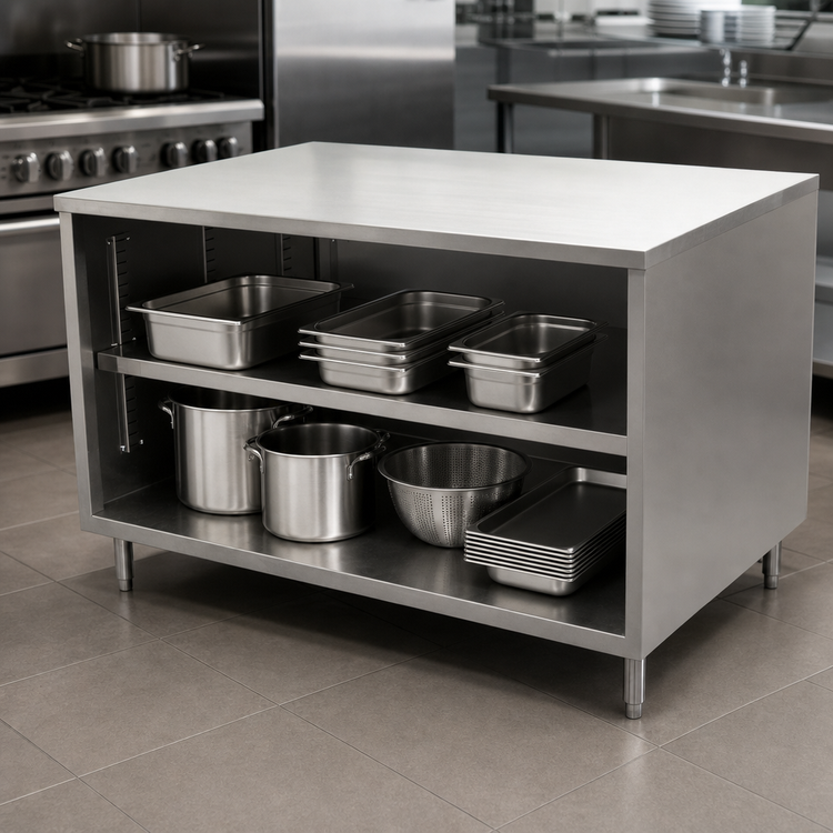 Product image #3 for BK Resources 48-Inch x 30-Inch Stainless Steel Chef Table with Open-Front Cabinet Base