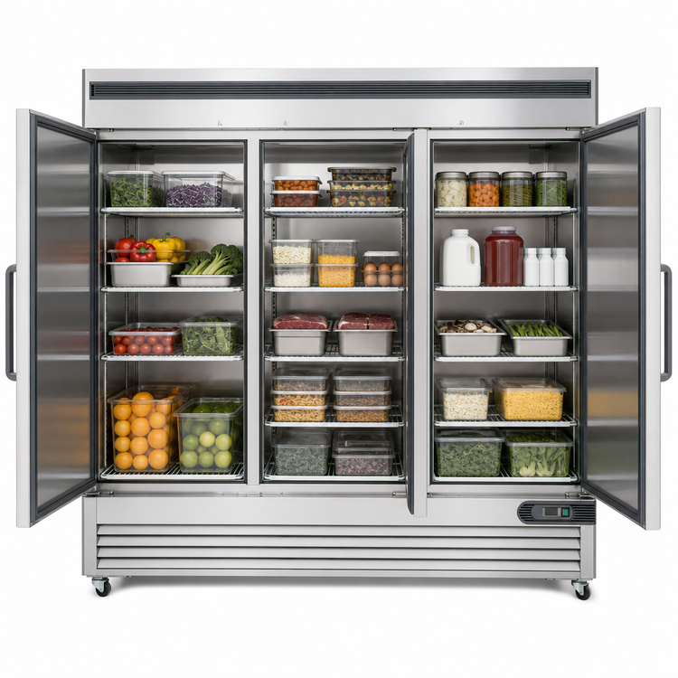 Product image #3 for Migali Competitor Series 3-Section Reach-In Refrigerator, Bottom-Mount Self-Contained, Solid Hinged Doors, Stainless Steel, 72 Cu. Ft.