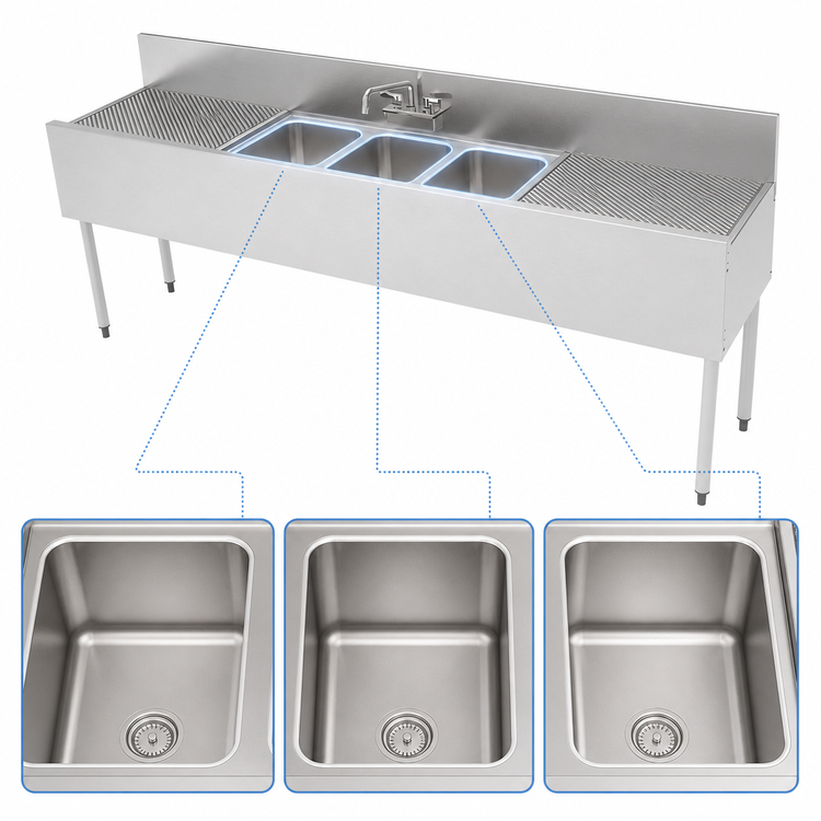 Product image #4 for Top Shelf TS Series 84-Inch Three-Compartment Stainless Steel Underbar Sink with Dual Drainboards