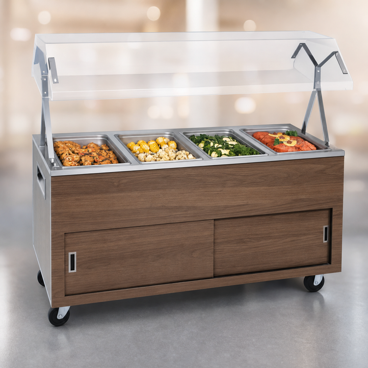 Product image #3 for Vollrath 2-Series Affordable Portable 4-Well Open-Well Hot Food Station with Buffet Breath Guard and Sliding Door Storage Base