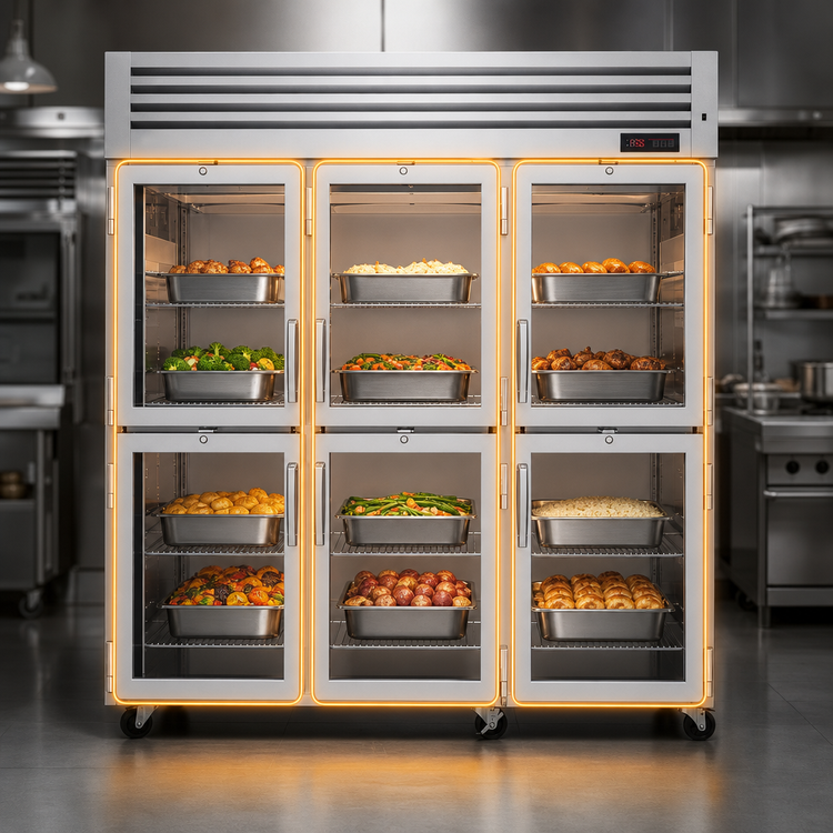 Product image #3 for Turbo Air PRO Series Three-Section Heated Reach-In Holding Cabinet with 6 Self-Closing Glass Half Doors, 73.9 Cu. Ft.