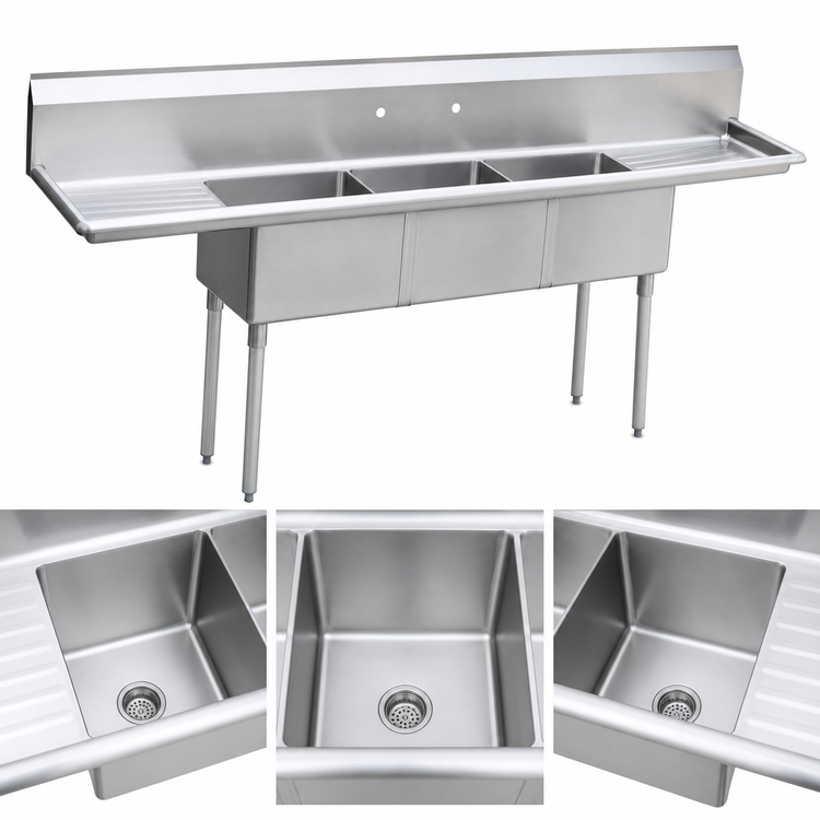 Product image #3 for MixRite Freestanding 3-Compartment Stainless Steel Sink with Left and Right Drainboards, 90-Inch Wide