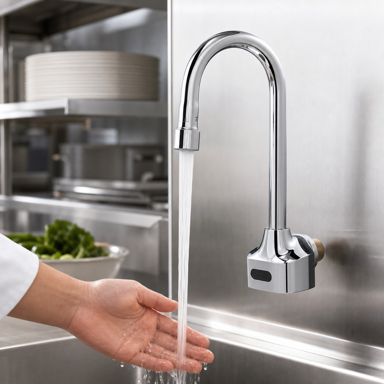 Product image #3 for ChekPoint Electronic Wall-Mount Touchless Gooseneck Faucet with 2.2 GPM Laminar Flow