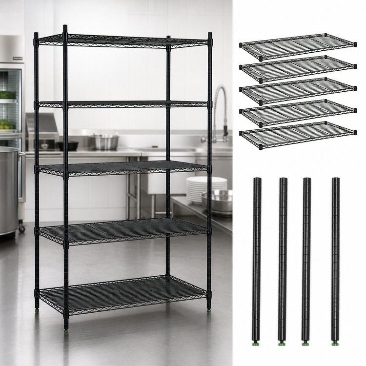 Product image #3 for Quantum Stationary Black Epoxy Antimicrobial Wire Shelving Starter Kit, 48"W x 18"D x 63"H, 5 Shelves