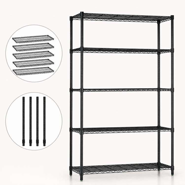 Product image #3 for Quantum Stationary Wire Shelving Starter Kit, 72" W x 12" D x 74" H, 5 Shelves, Black Epoxy Finish