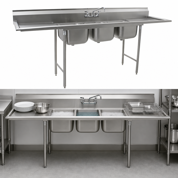 Product image #3 for Eagle Group 3-Compartment Floor Model Sink with Dual 24-Inch Drainboards, 102-Inch Wide, 430 Stainless Steel