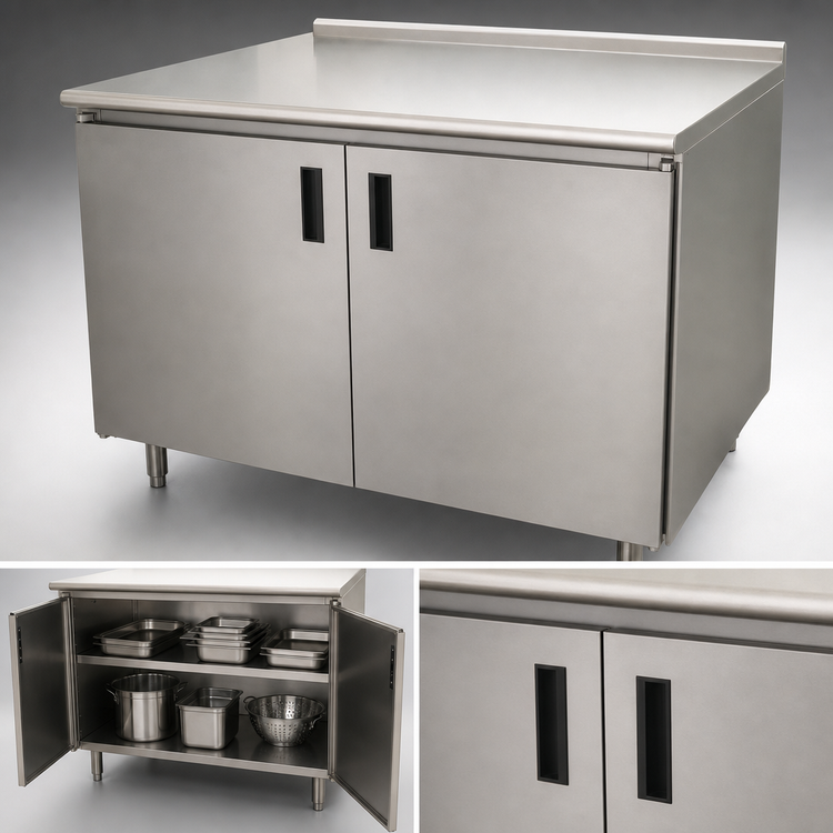 Product image #3 for Advance Tabco 84" x 36" Enclosed Stainless Steel Work Table with Cabinet Base, Hinged Doors, and 1-1/2" Rear Up-Turn