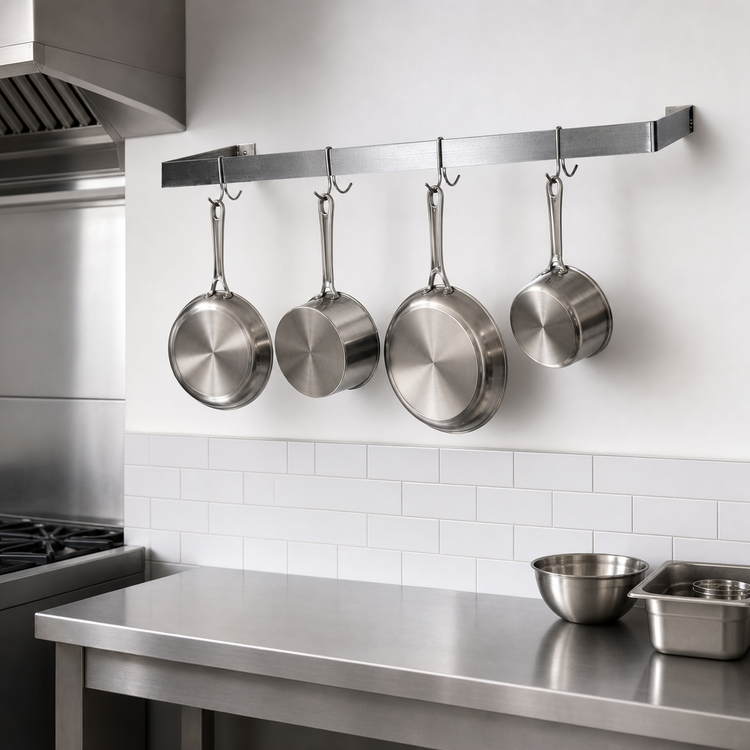 Product image #3 for BK Resources Wall-Mount Single Bar Pot Rack, 48 Inch x 12 Inch, 304 Stainless Steel, 4 Hooks