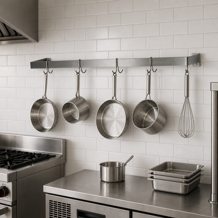 Product image #3 for BK Resources Wall-Mount Single Bar Pot Rack, 72 Inch x 12 Inch, 304 Stainless Steel, 6 Double-Prong Hooks