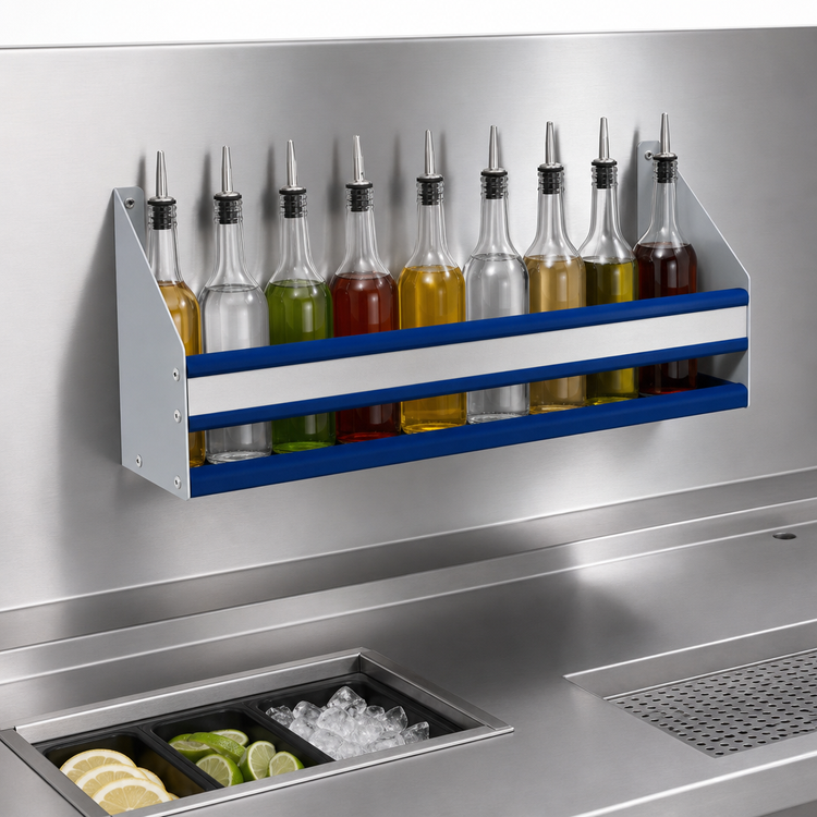 Product image #3 for Advance Tabco Prestige Signature Series Single Tier Stainless Steel Speed Rail, 36 Inch, 9 Bottle Capacity