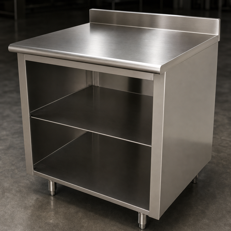 Product image #3 for Advance Tabco EK-SS-244M 48" W x 24" D 14 Gauge 304 Stainless Steel Open Front Cabinet Work Table with 5" Backsplash and Mid Shelf