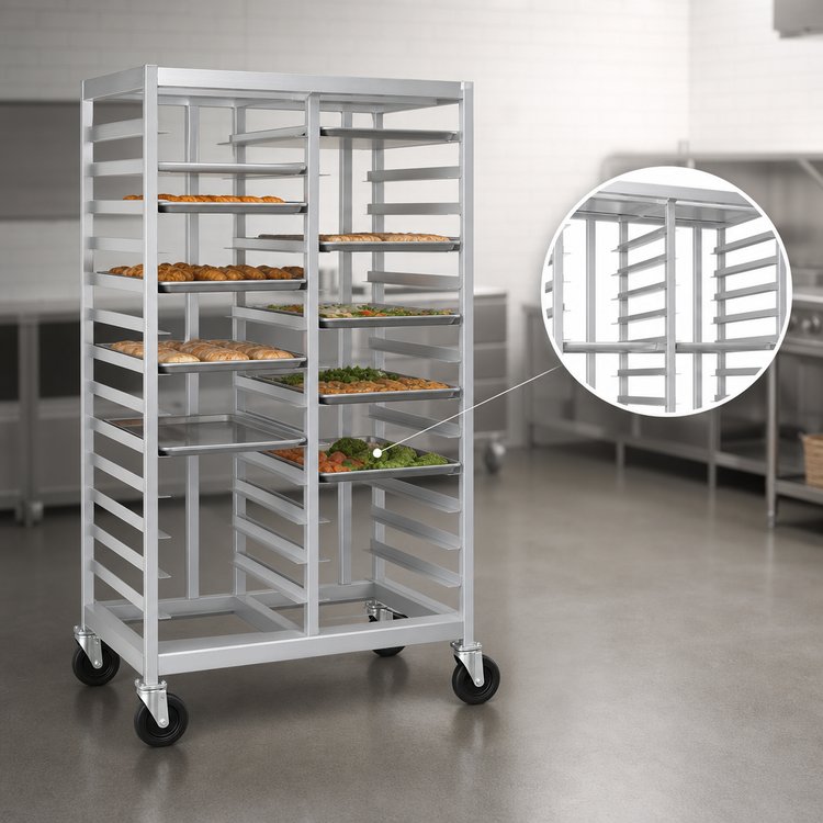 Product image #3 for Panco Four-Compartment Mobile Tray Rack for 10" x 14-3/4" Trays, 52-Tray Capacity, Open Frame Aluminum