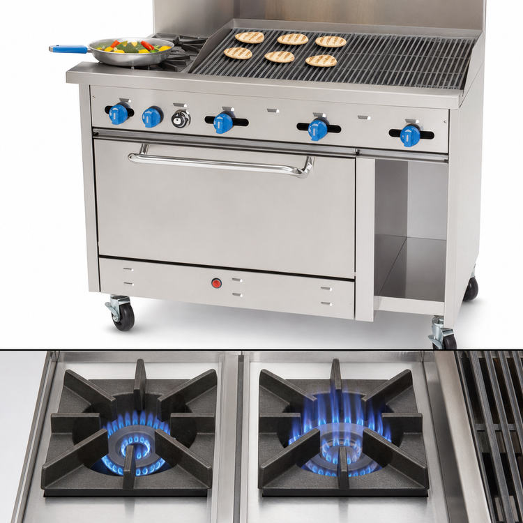 Product image #3 for Comstock-Castle F3430-3RB 48-Inch Gas Char-Broiler Range with 2 Open Star Burners, 36-Inch Char-Broiler, Oven, and Cabinet Base