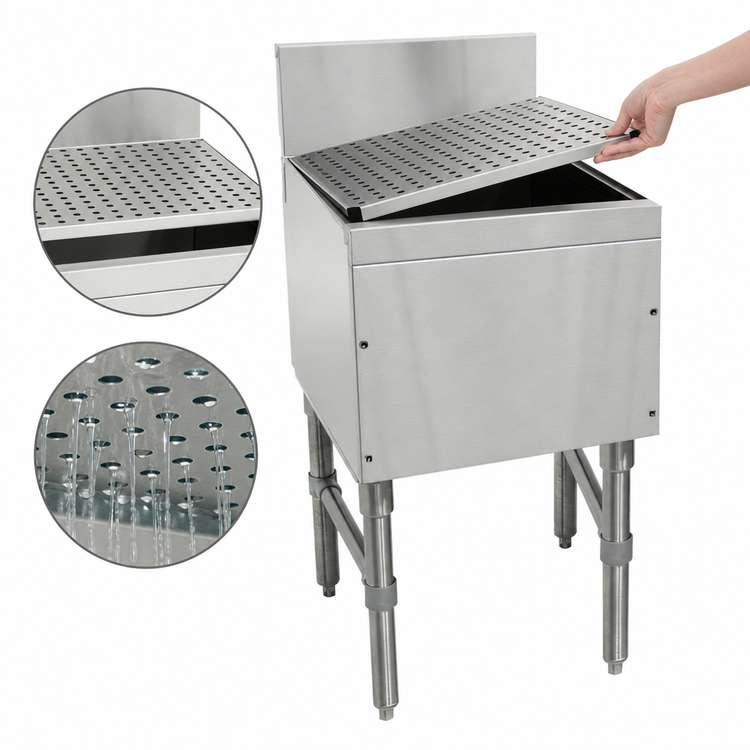 Product image #3 for Advance Tabco Prestige Signature Series Free-Standing Underbar Drainboard with Removable Perforated Top, 12 Inch W x 20 Inch D x 36 Inch H, 7 Inch Backsplash