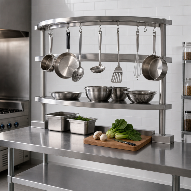 Product image #3 for Advance Tabco 36-Inch Table-Mounted Semi-Circular Stainless Steel Pot Rack with 12 Hooks and Utensil Rack