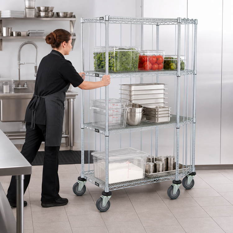 Product image #3 for Quantum Mobile Enclosure Wire Shelving Cart, 60W x 24D x 69H, Chrome Plated Finish