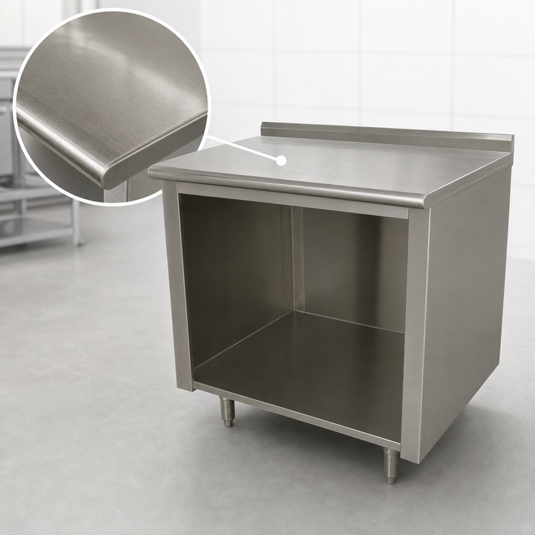 Product image #3 for Advance Tabco 120-Inch x 30-Inch Stainless Steel Work Table with Open Front Cabinet Base and 1-1/2-Inch Rear Up-Turn