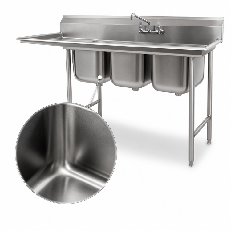 Product image #3 for Eagle Group 414 Series Coved Corner Three-Compartment Stainless Steel Sink with 18-Inch Left Drainboard