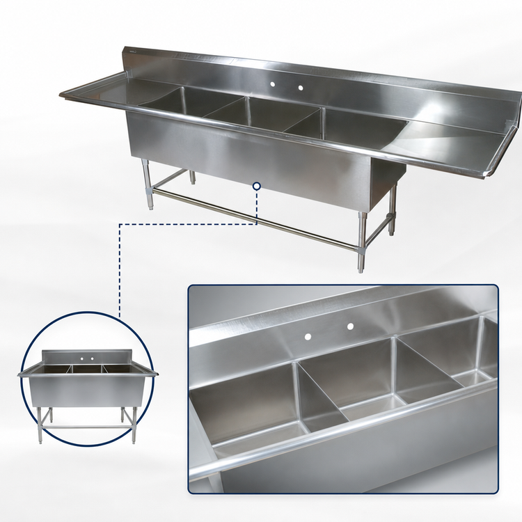 Product image #3 for John Boos Pro-Bowl 3-Compartment Sink with Dual Drainboards, 87-1/4 Inch W x 25-1/2 Inch D, 14 Gauge Stainless Steel