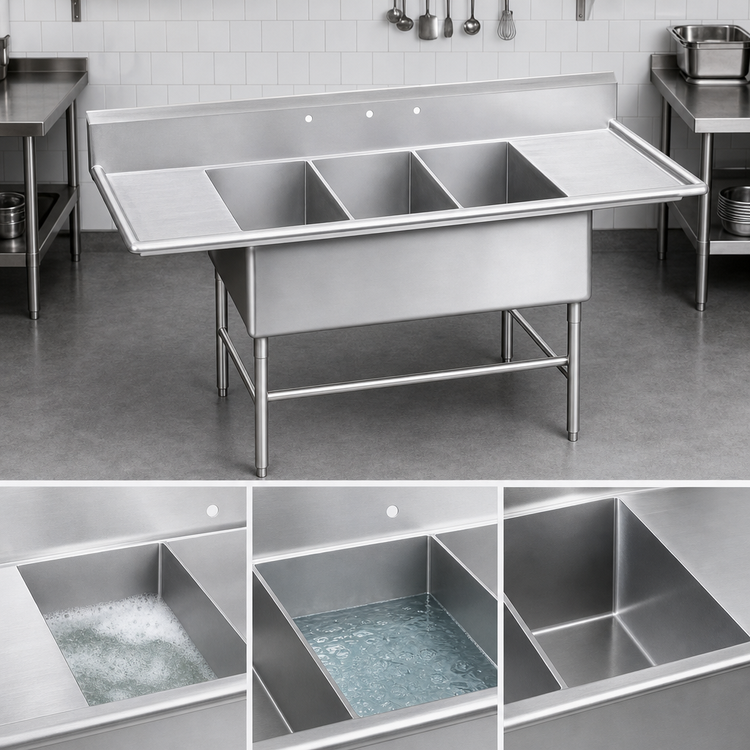 Product image #3 for Regaline Super Size Fabricated 3-Compartment Stainless Steel Sink with Left and Right-Hand Drainboards