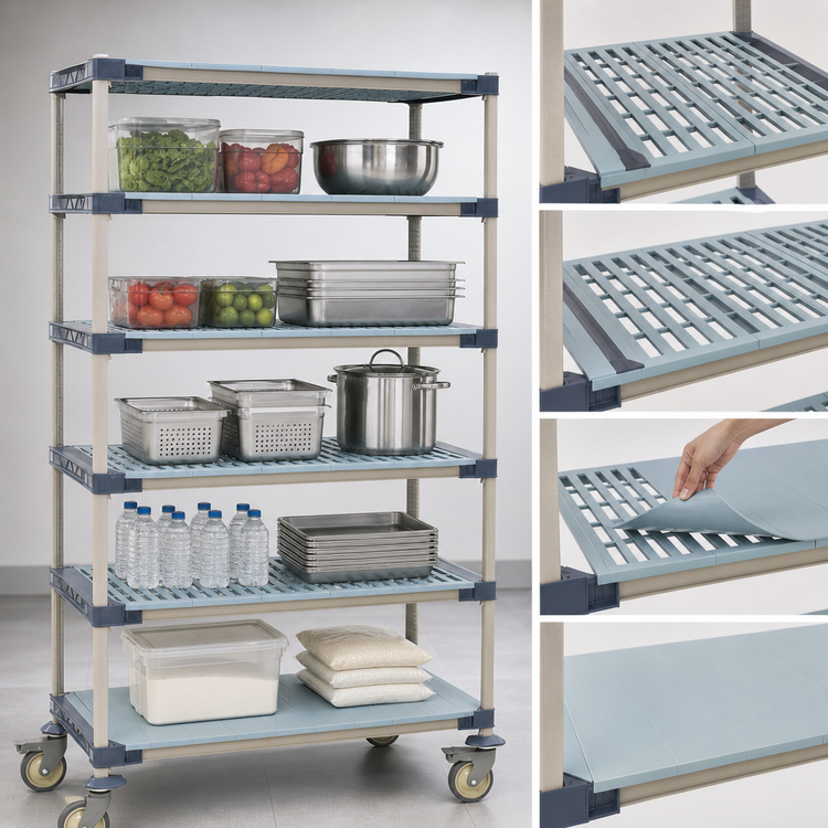 Product image #3 for MetroMax 4 5-Tier Mobile Polymer Shelving Starter Unit with 4 Open Grid Shelves and 1 Solid Shelf, 36 x 18 x 80 Inches