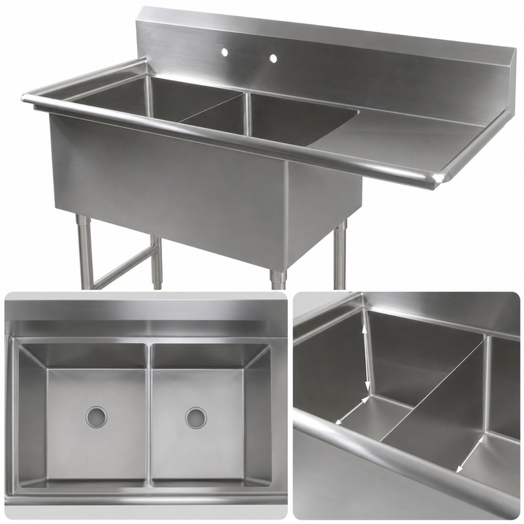 Product image #3 for John Boos Pro-Bowl 2-Compartment 14-Gauge 300 Series Stainless Steel Sink with 24-Inch Right Drainboard, 16 x 20 x 12-Inch Bowls