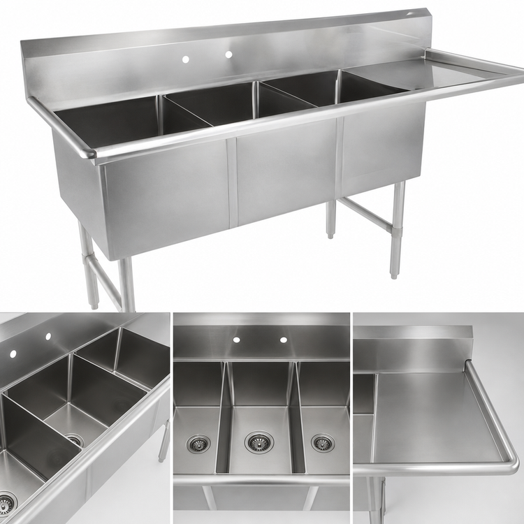 Product image #3 for John Boos B Series 3-Compartment Sink with Right Drainboard, 100-3/16 in. W x 29-1/2 in. D x 44 in. H, 16-Gauge Stainless Steel
