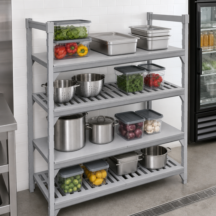 Product image #4 for Cambro Camshelving Premium 21" x 54" 4-Shelf Solid & Vented Shelf Kit, Speckled Gray